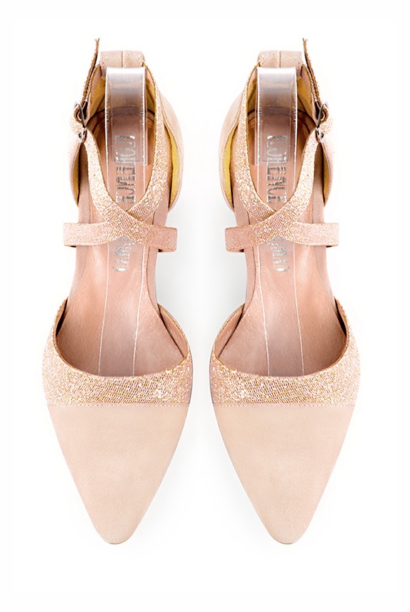 Powder pink women's open side shoes, with crossed straps. Tapered toe. Low comma heels. Top view - Florence KOOIJMAN